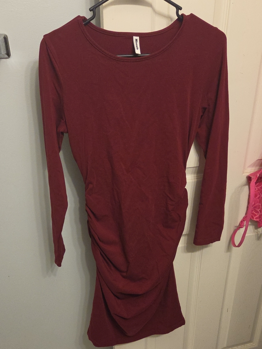 Long Sleeve Ruched Midi Dress in Deep Wine